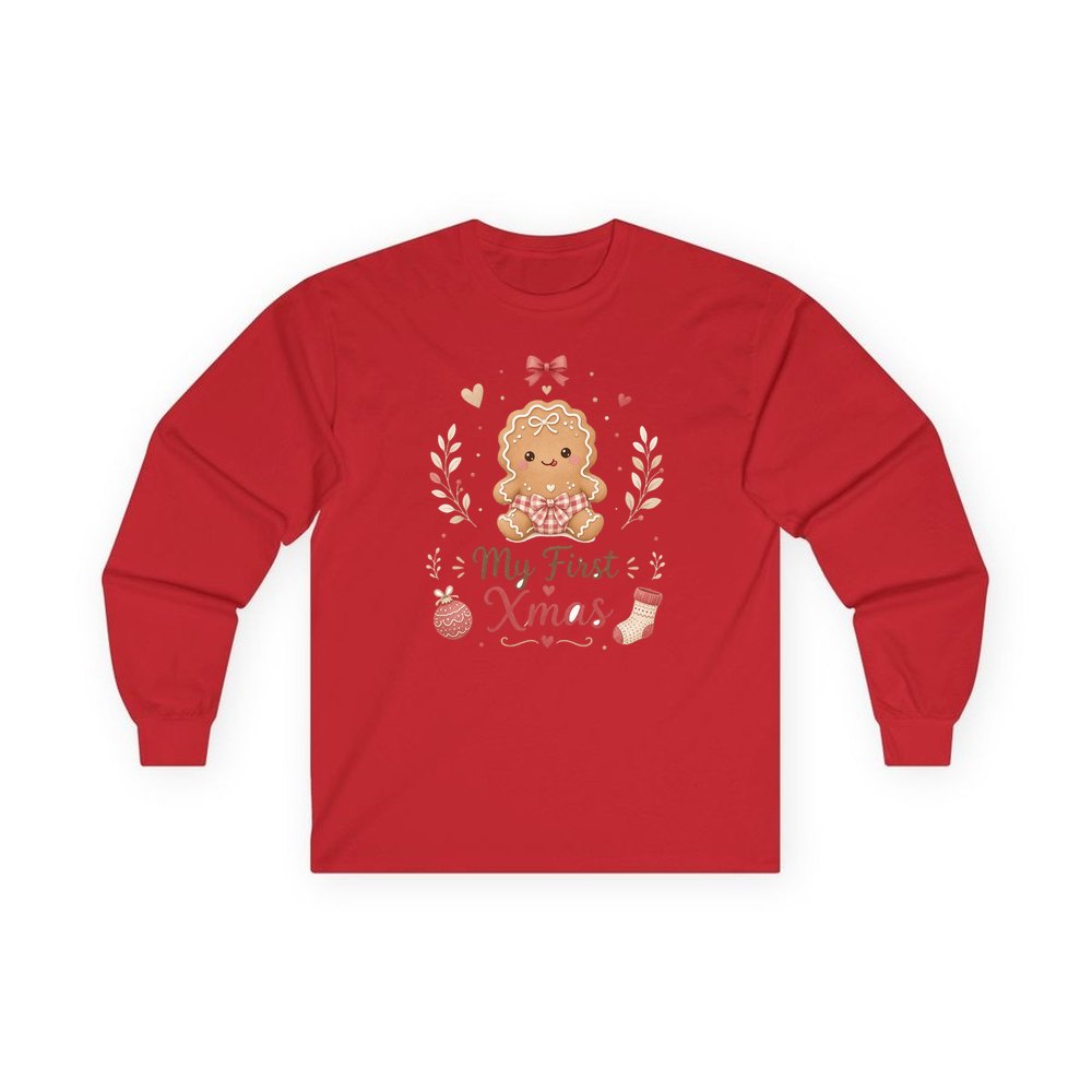 Gingerbread Baby First Xmas personalised long sleeve Christmas T-shirt in red