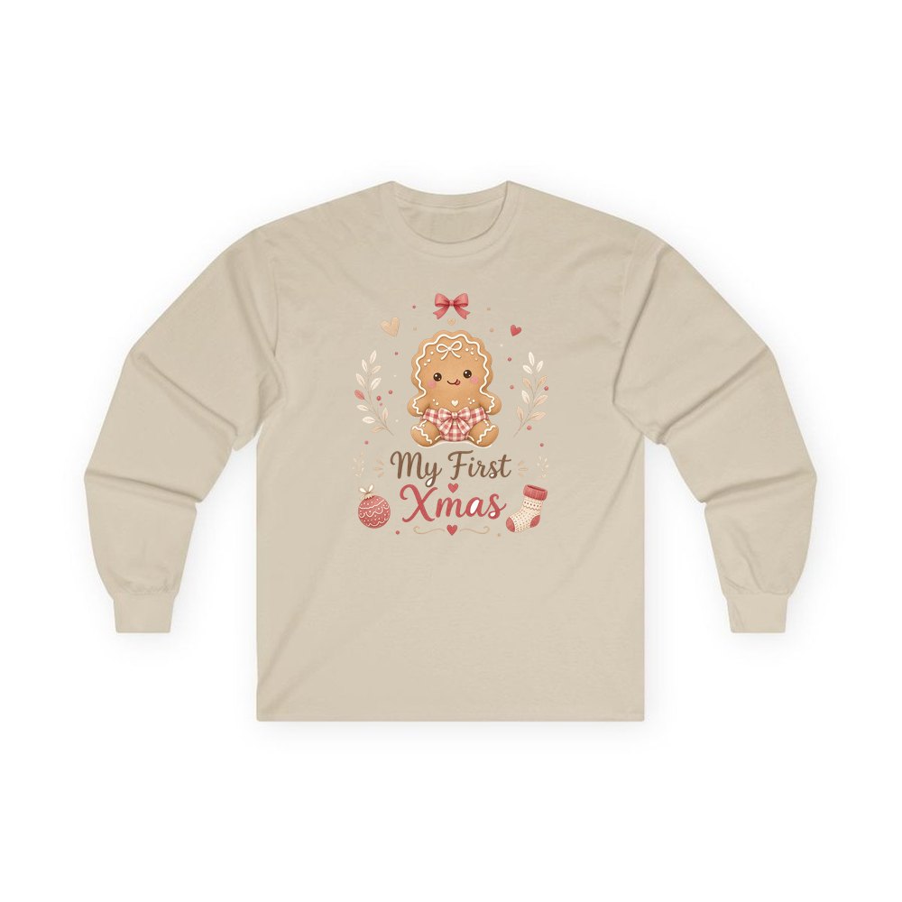 Gingerbread Baby First Xmas personalised long sleeve Christmas T-shirt in sand