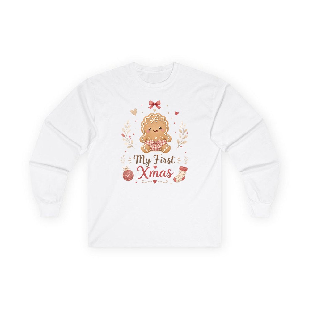 Gingerbread Baby First Xmas personalised long sleeve Christmas T-shirt in white