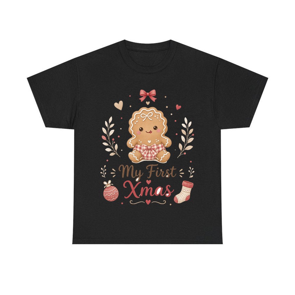 Gingerbread Baby First Xmas personalised Christmas T-shirt in black