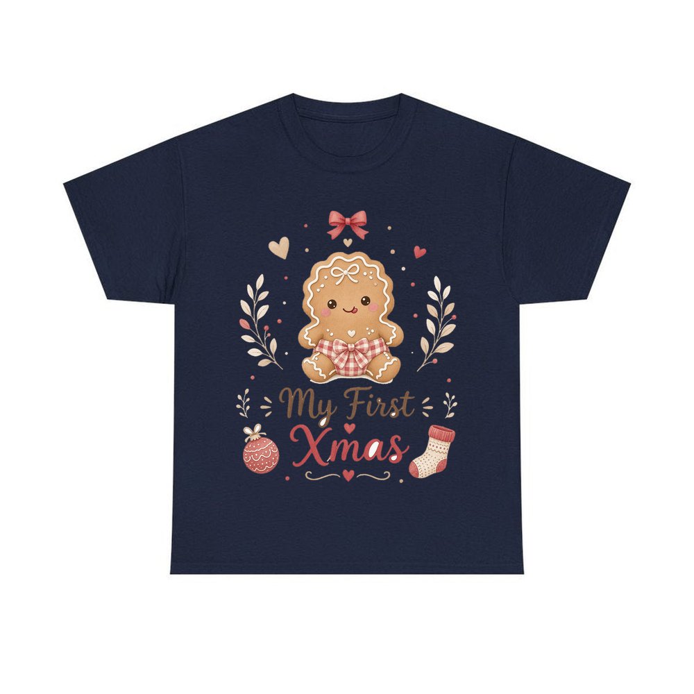Gingerbread Baby First Xmas personalised Christmas T-shirt in navy