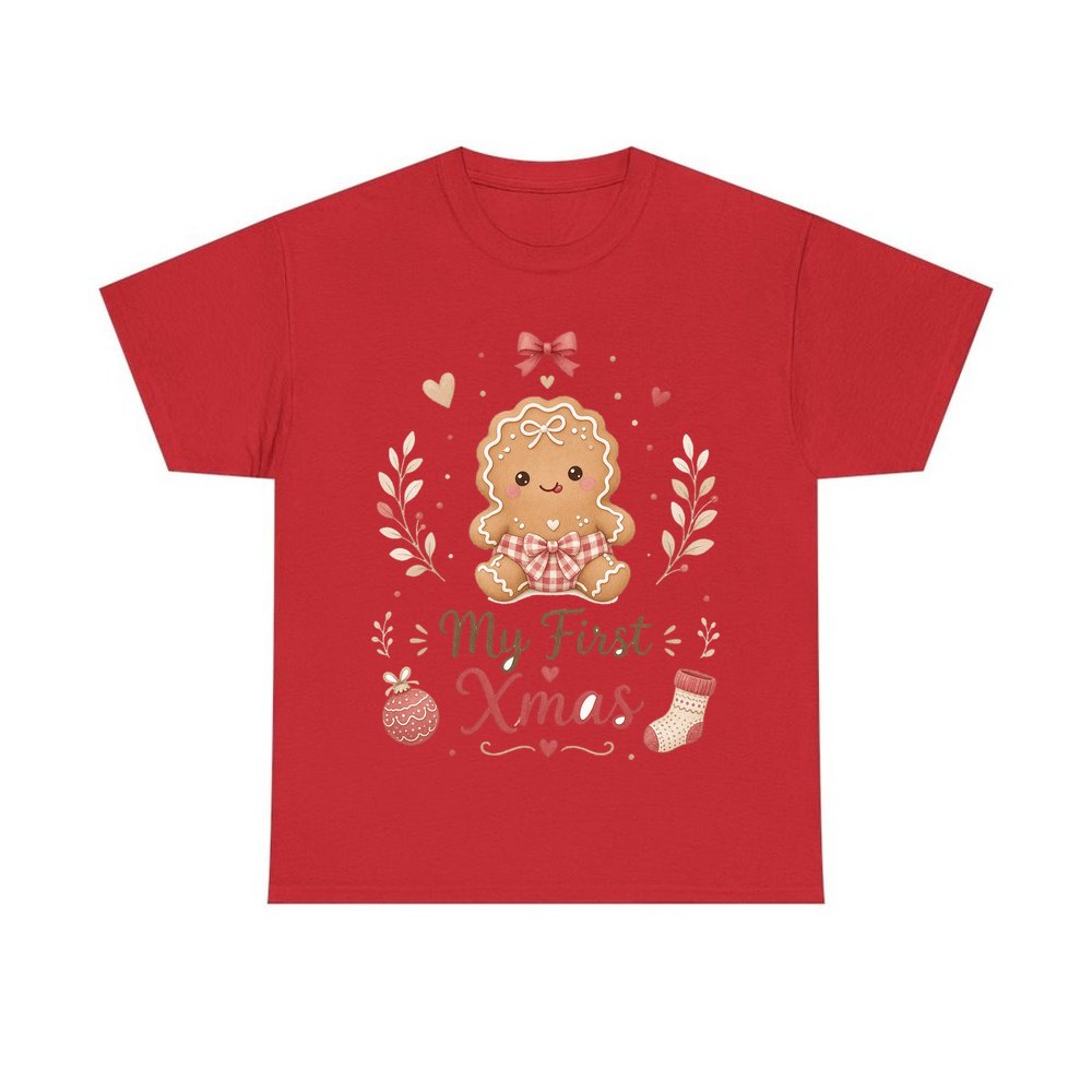 Gingerbread Baby First Xmas personalised Christmas T-shirt in red