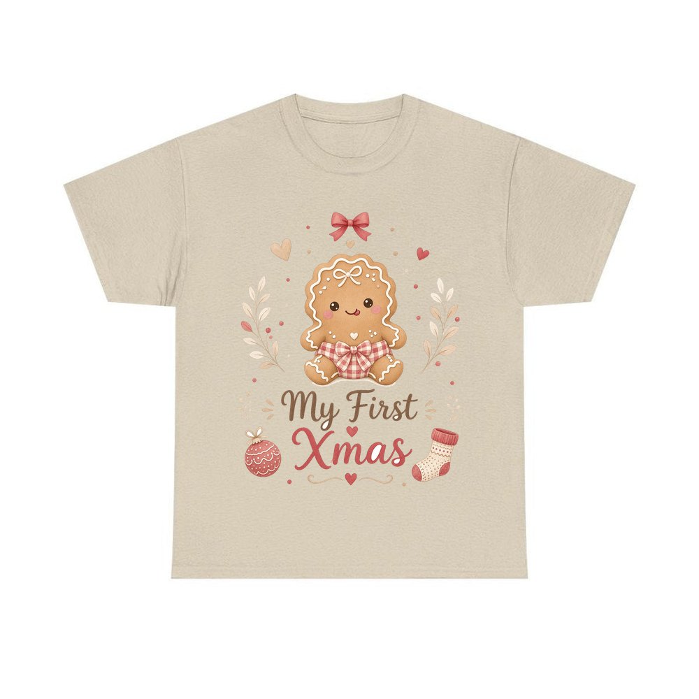Gingerbread Baby First Xmas personalised Christmas T-shirt in sand