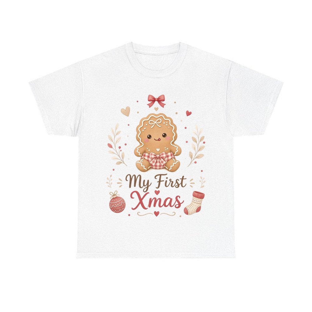 Gingerbread Baby First Xmas personalised Christmas T-shirt in white