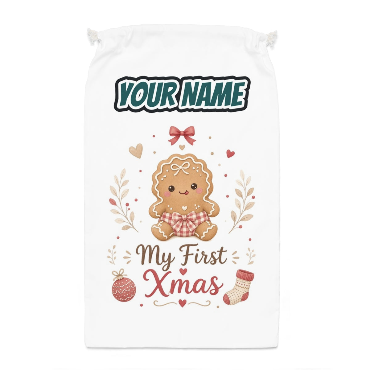 Gingerbread Baby First Xmas Santa sack laid flat, showing the full print