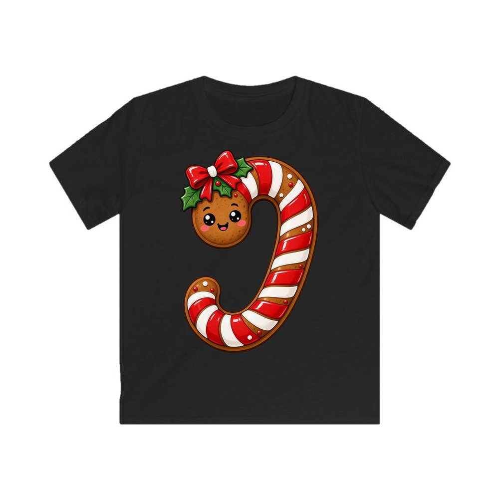 Gingerbread Candy Cane Biscuit personalised kids Christmas tee in black