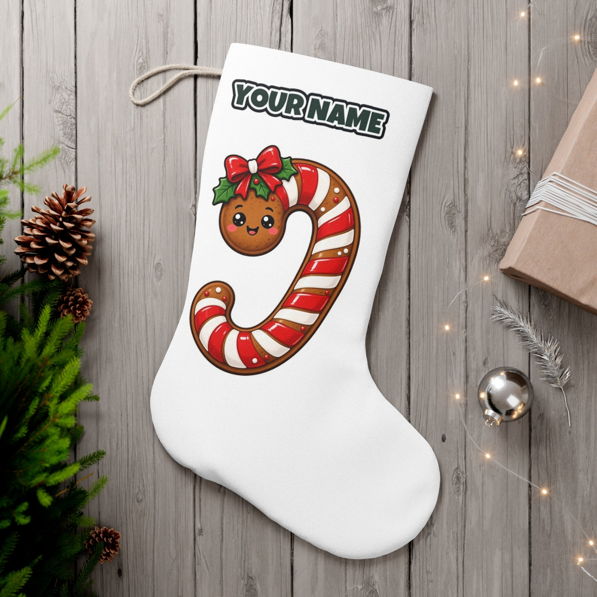 Gingerbread Candy Cane Biscuit personalised Christmas stocking, white, with the name across the top