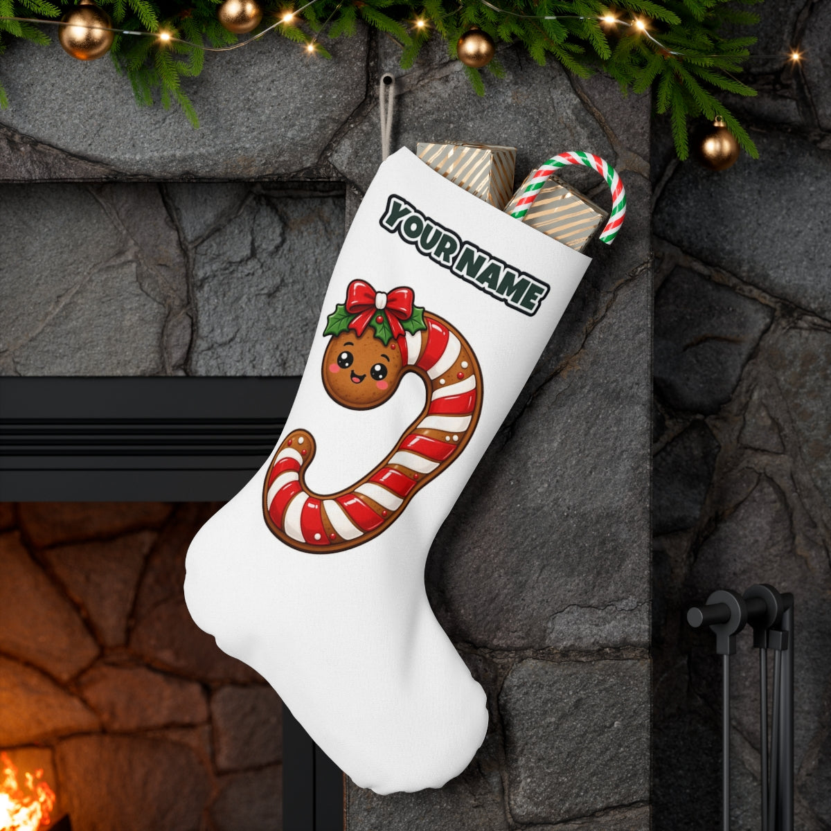 Gingerbread Candy Cane Biscuit personalised Christmas stocking hanging on a mantel