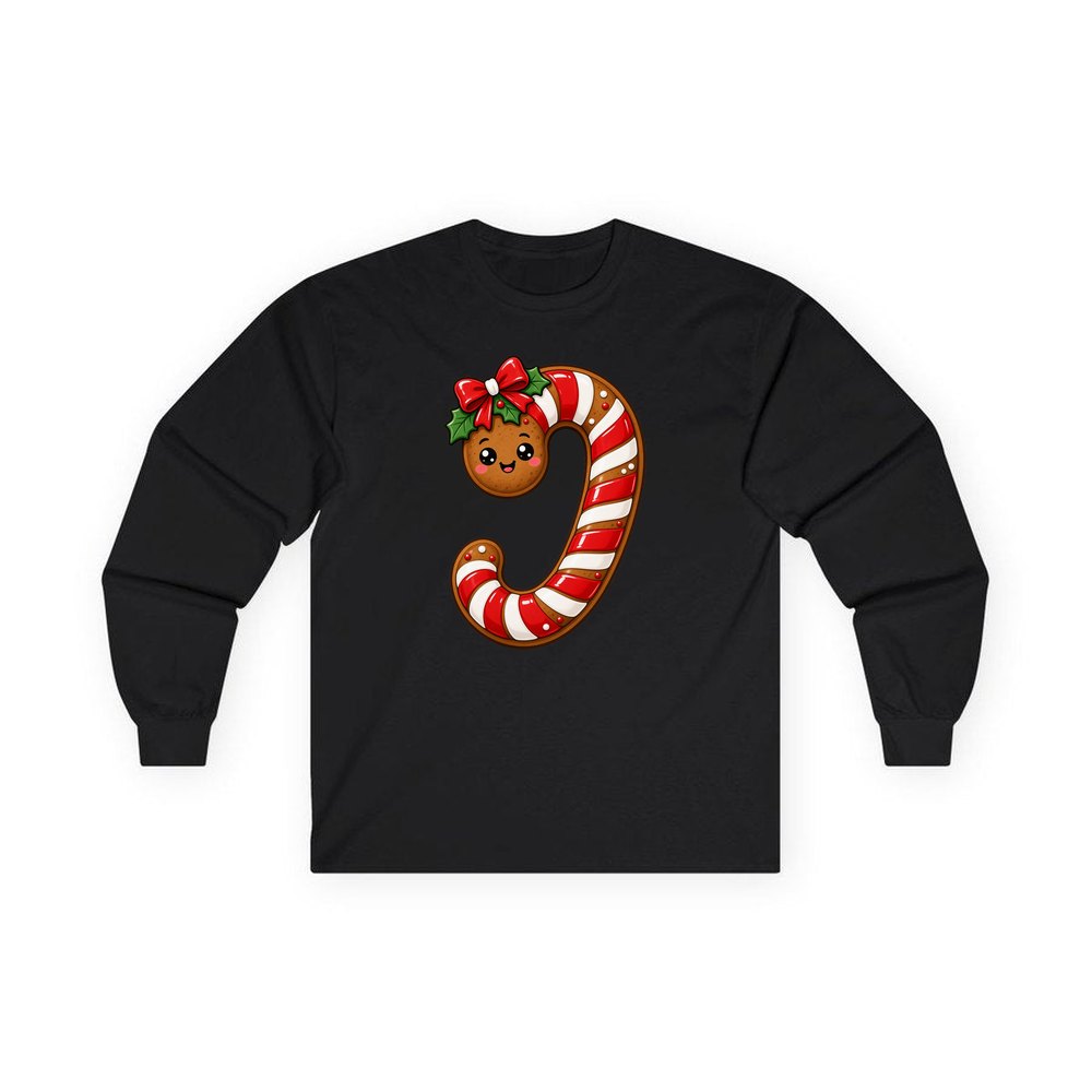 Gingerbread Candy Cane Biscuit personalised long sleeve Christmas T-shirt in black
