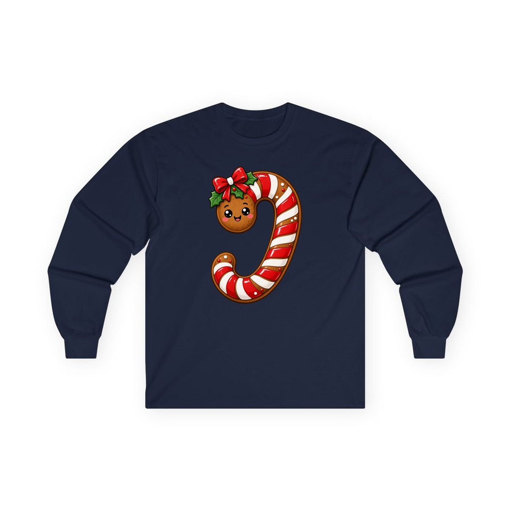 Gingerbread Candy Cane Biscuit personalised long sleeve Christmas T-shirt in navy