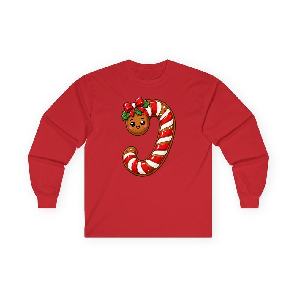 Gingerbread Candy Cane Biscuit personalised long sleeve Christmas T-shirt in red