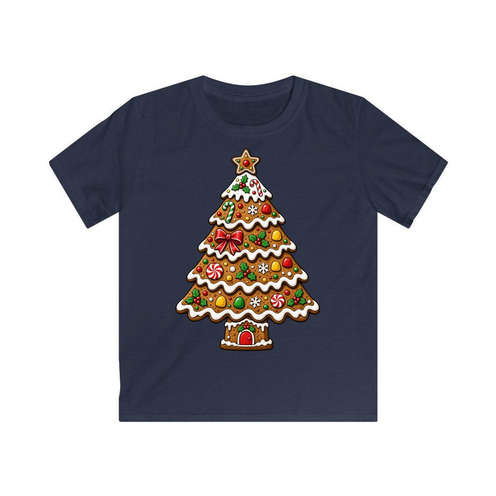 Gingerbread Christmas Tree Biscuit personalised kids Christmas tee in navy