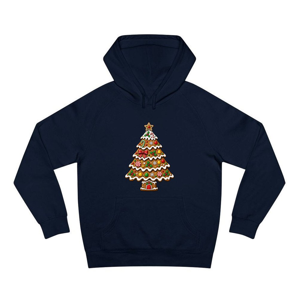 Gingerbread Christmas Tree Biscuit personalised Christmas hoodie in navy
