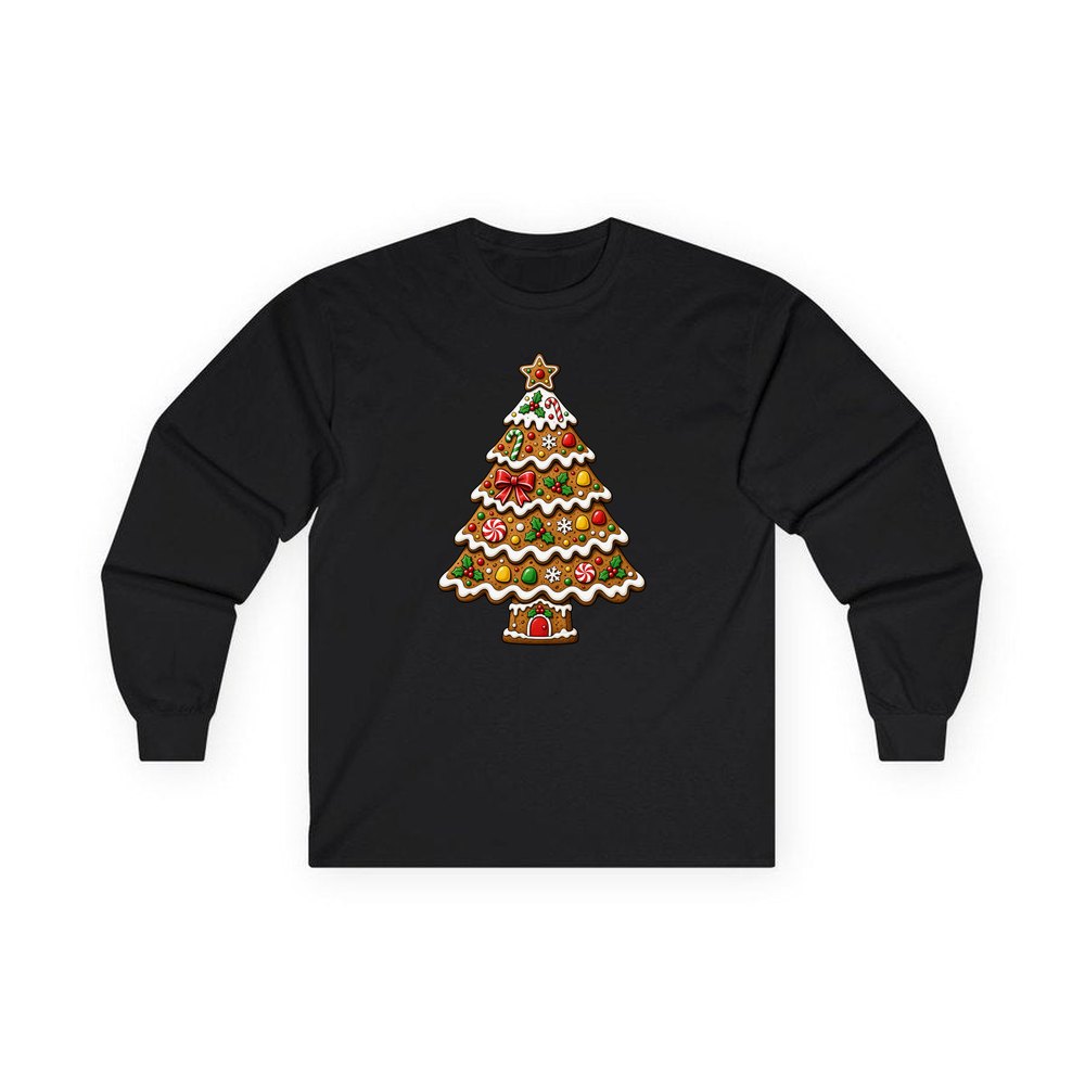 Gingerbread Christmas Tree Biscuit personalised long sleeve Christmas T-shirt in black