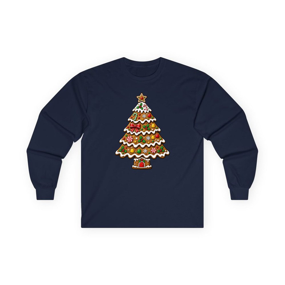 Gingerbread Christmas Tree Biscuit personalised long sleeve Christmas T-shirt in navy