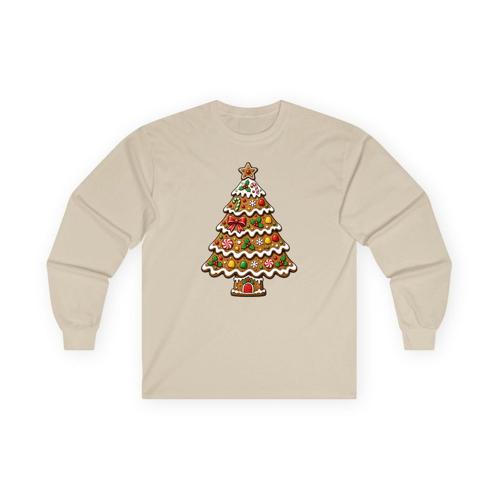 Gingerbread Christmas Tree Biscuit personalised long sleeve Christmas T-shirt in sand