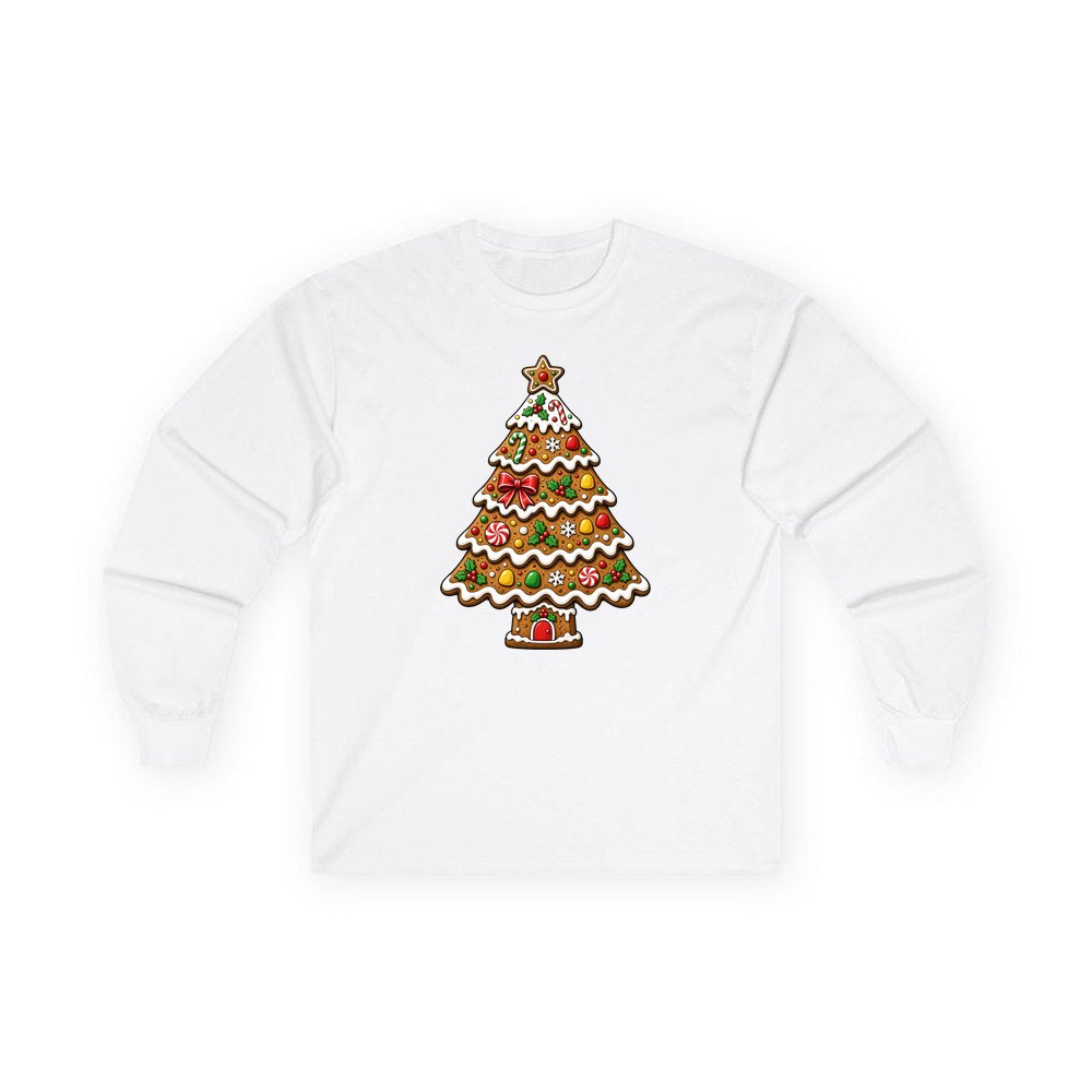 Gingerbread Christmas Tree Biscuit personalised long sleeve Christmas T-shirt in white