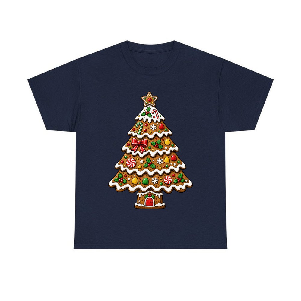 Gingerbread Christmas Tree Biscuit personalised Christmas T-shirt in navy