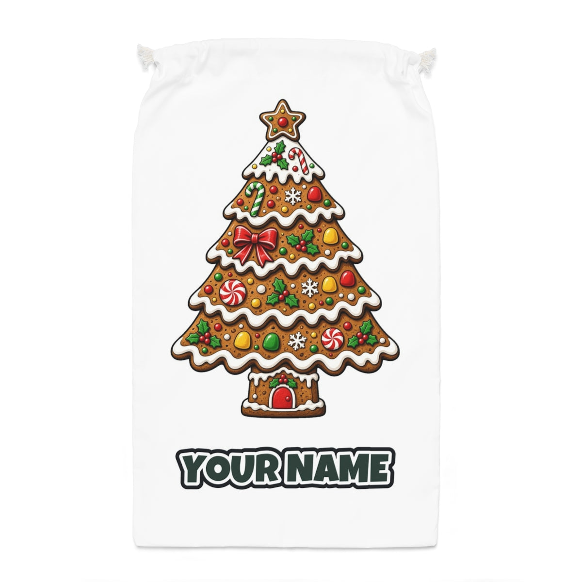 Gingerbread Christmas Tree Biscuit Santa sack laid flat, showing the full print