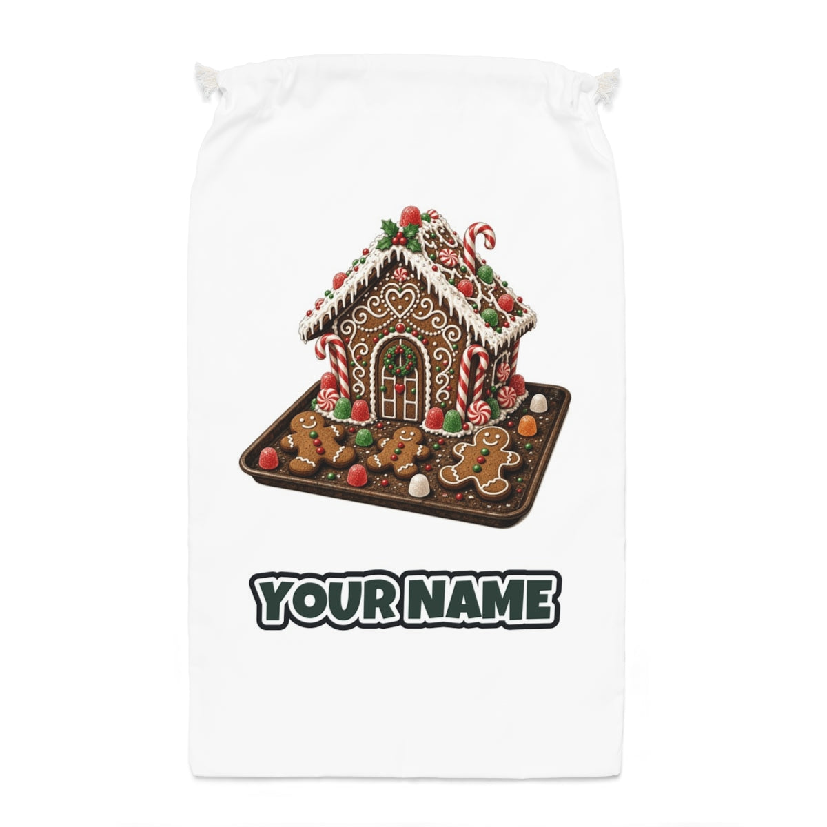 Gingerbread Cookie Tray Santa sack laid flat, showing the full print