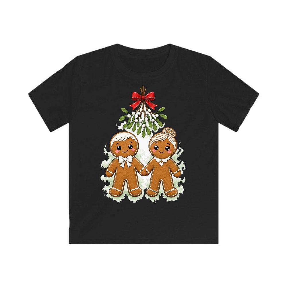 Gingerbread Couple Under Mistletoe personalised kids Christmas tee in black