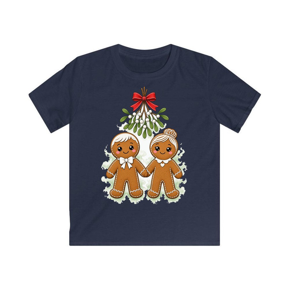 Gingerbread Couple Under Mistletoe personalised kids Christmas tee in navy
