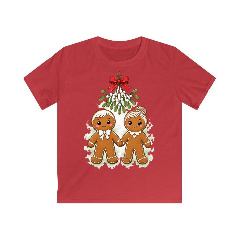 Gingerbread Couple Under Mistletoe personalised kids Christmas tee in red