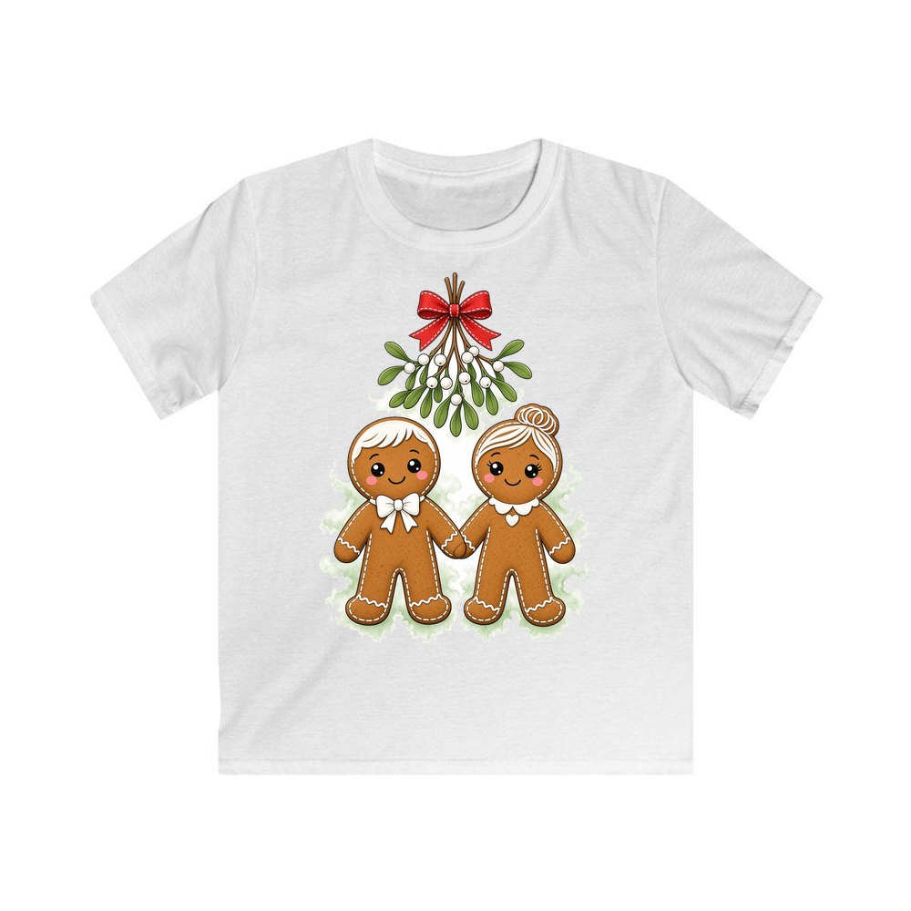 Gingerbread Couple Under Mistletoe personalised kids Christmas tee in white