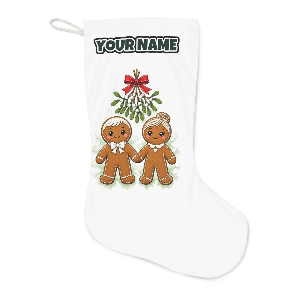 Gingerbread Couple Under Mistletoe Christmas stocking laid flat, showing the full print