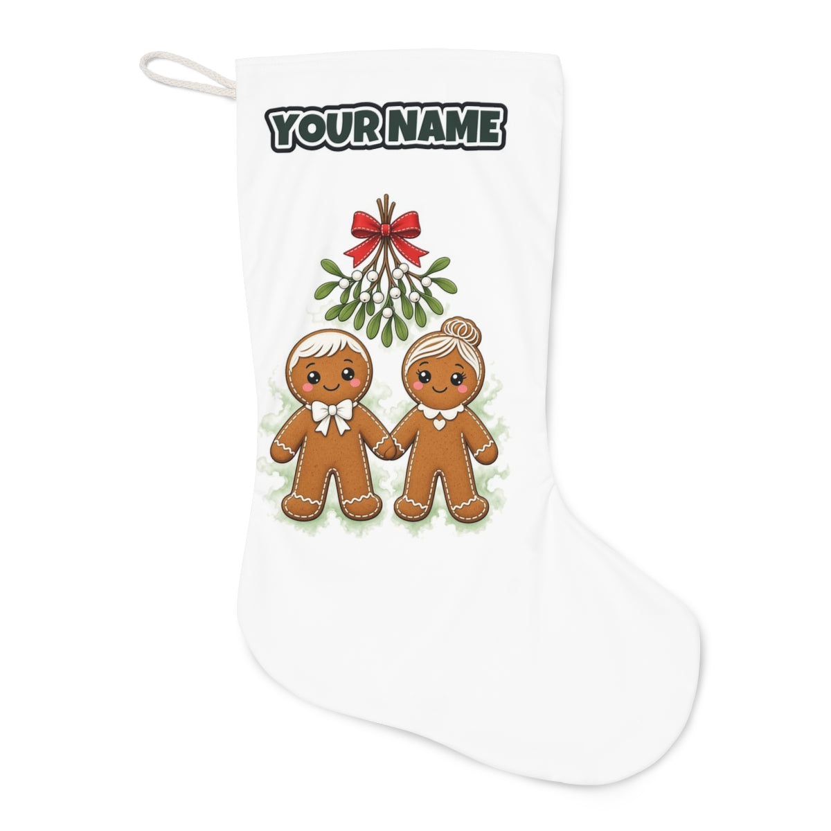 Gingerbread Couple Under Mistletoe Christmas stocking laid flat, showing the full print