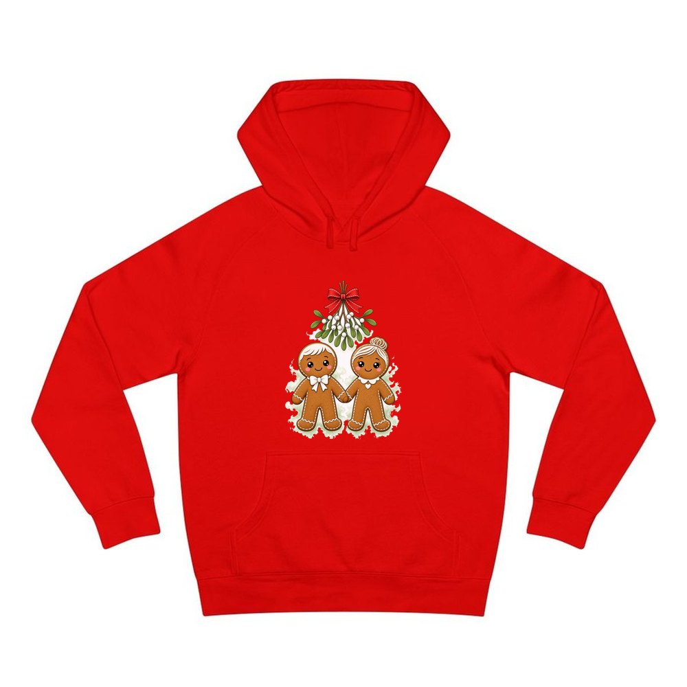 Gingerbread Couple Under Mistletoe personalised Christmas hoodie in red