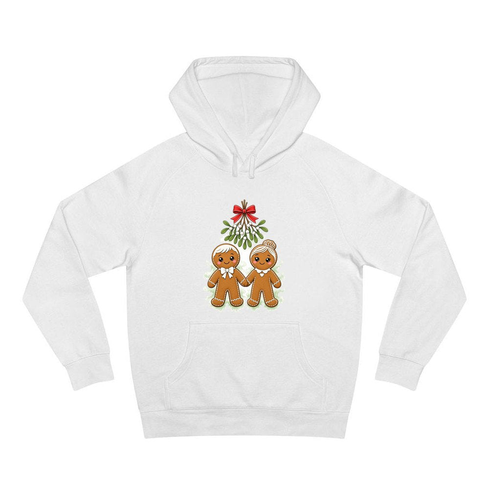 Gingerbread Couple Under Mistletoe personalised Christmas hoodie in white