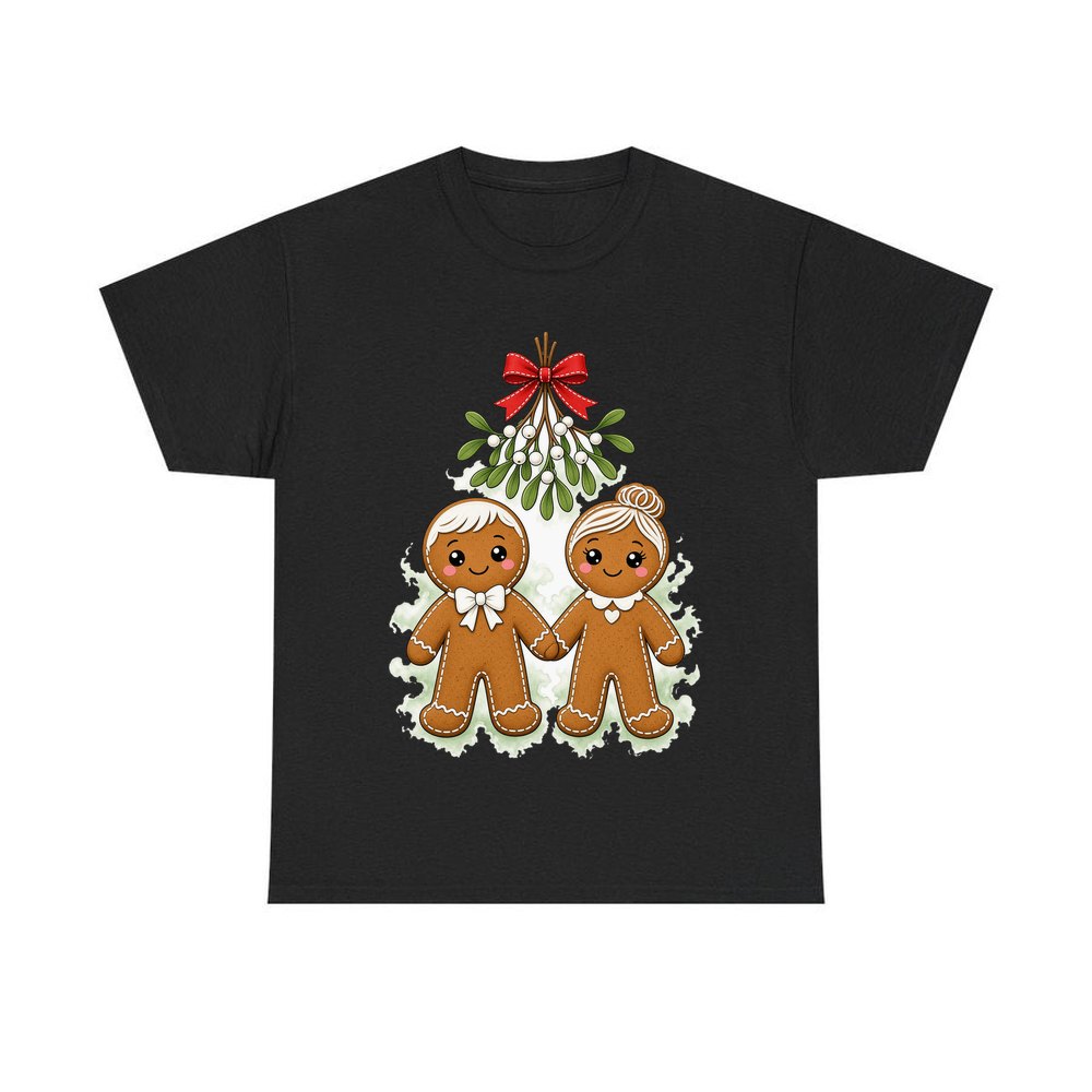 Gingerbread Couple Under Mistletoe personalised Christmas T-shirt in black