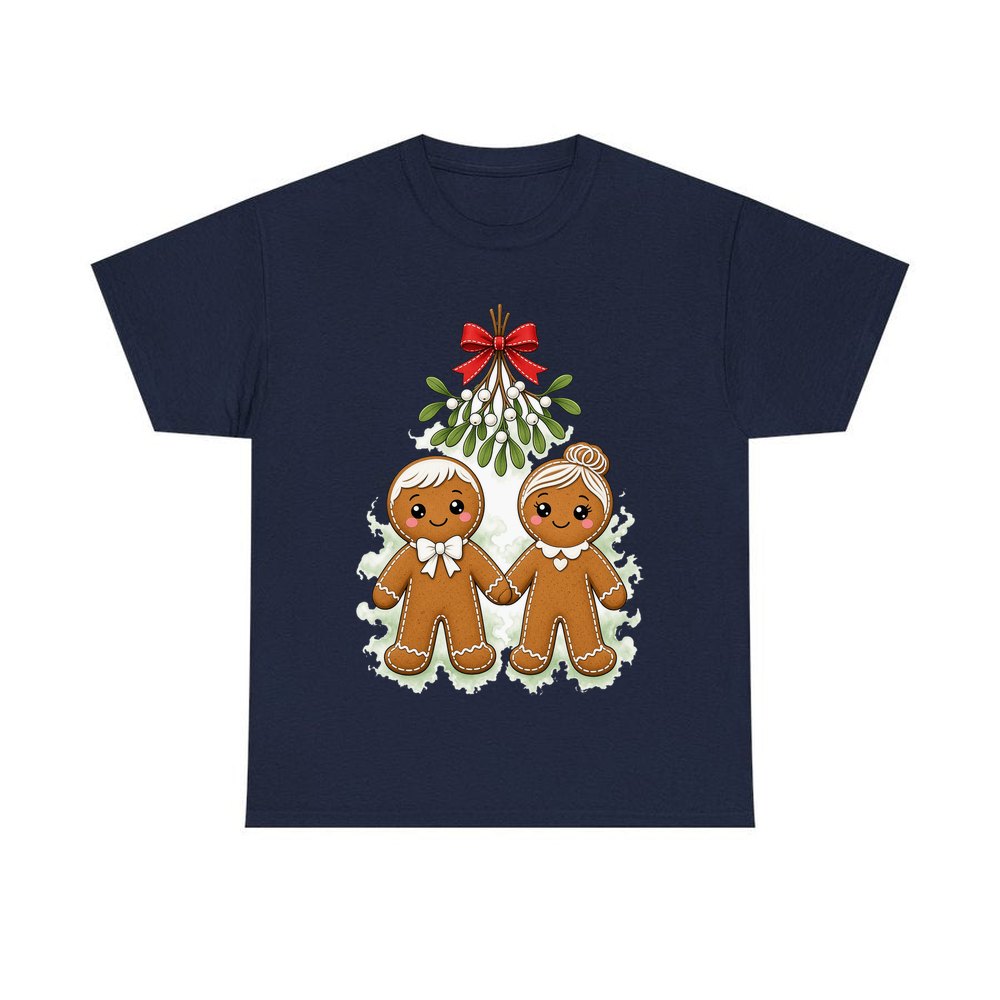 Gingerbread Couple Under Mistletoe personalised Christmas T-shirt in navy