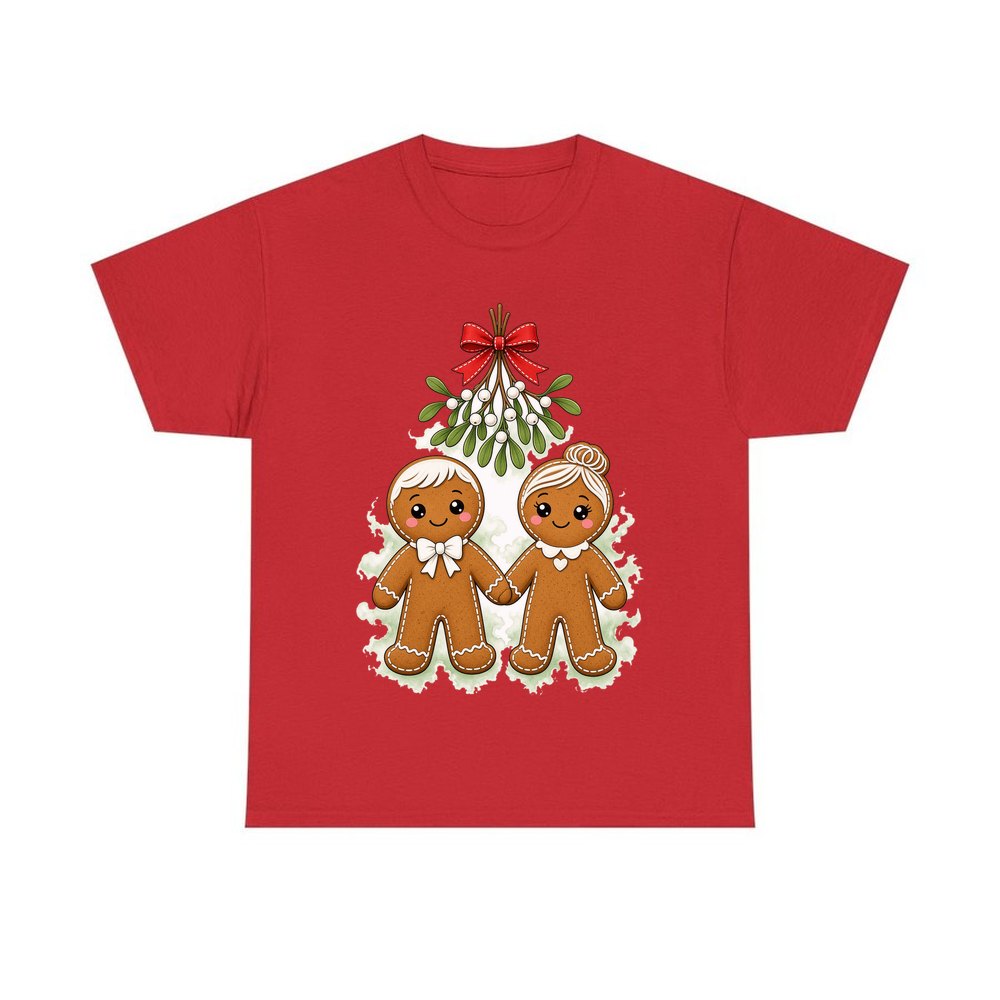 Gingerbread Couple Under Mistletoe personalised Christmas T-shirt in red