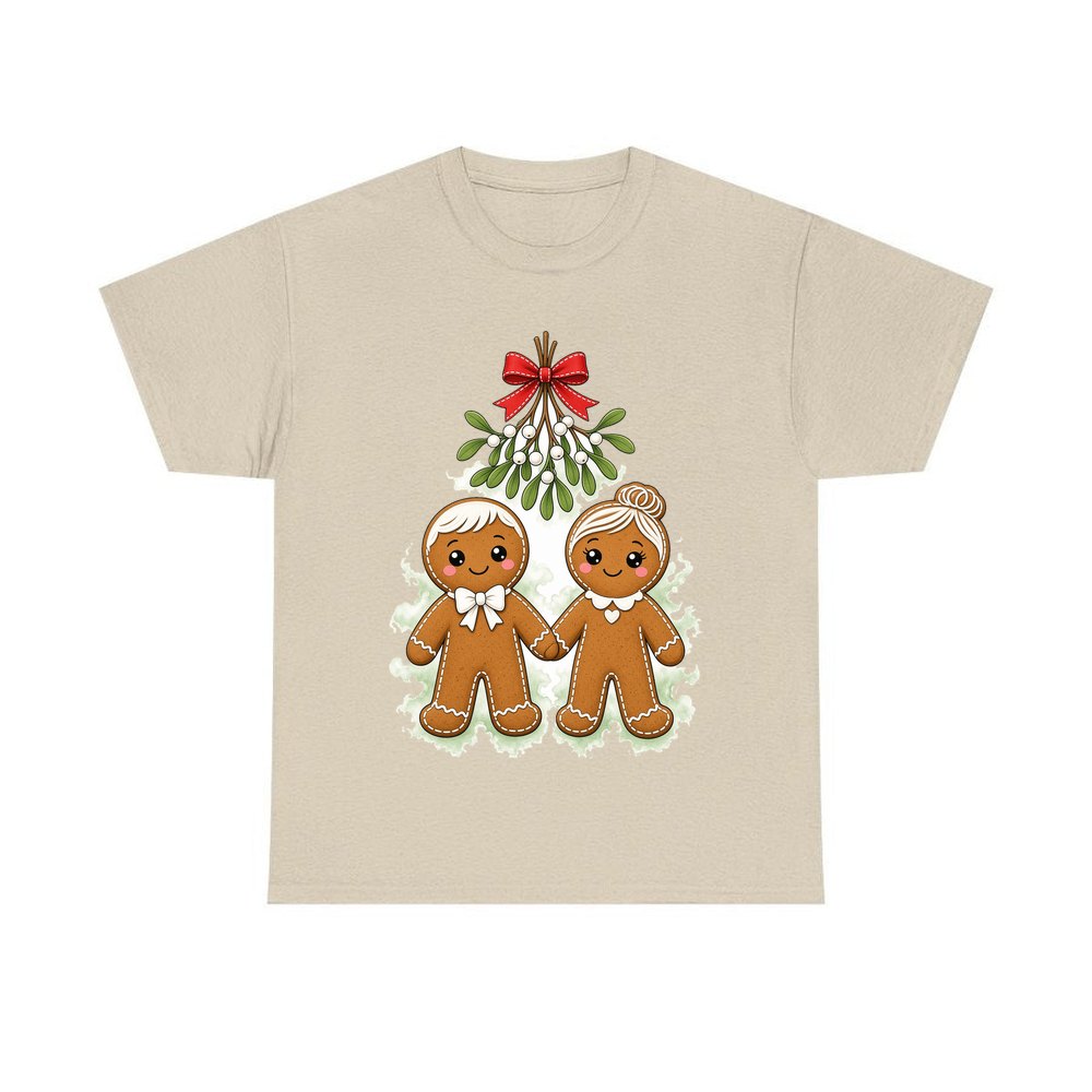 Gingerbread Couple Under Mistletoe personalised Christmas T-shirt in sand