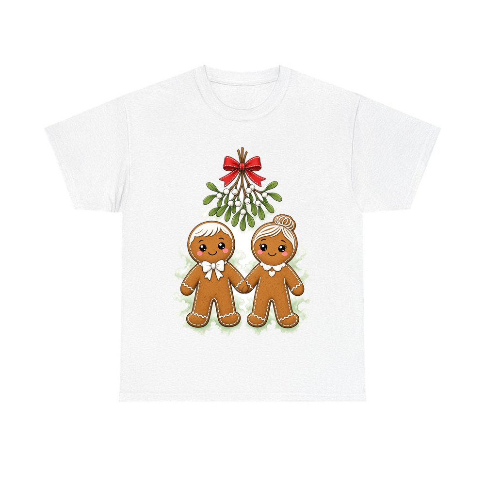 Gingerbread Couple Under Mistletoe personalised Christmas T-shirt in white