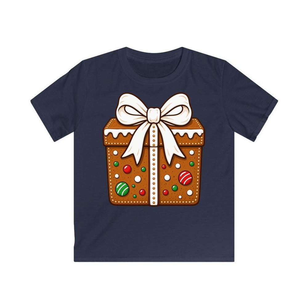 Gingerbread Gift Box Biscuit personalised kids Christmas tee in navy