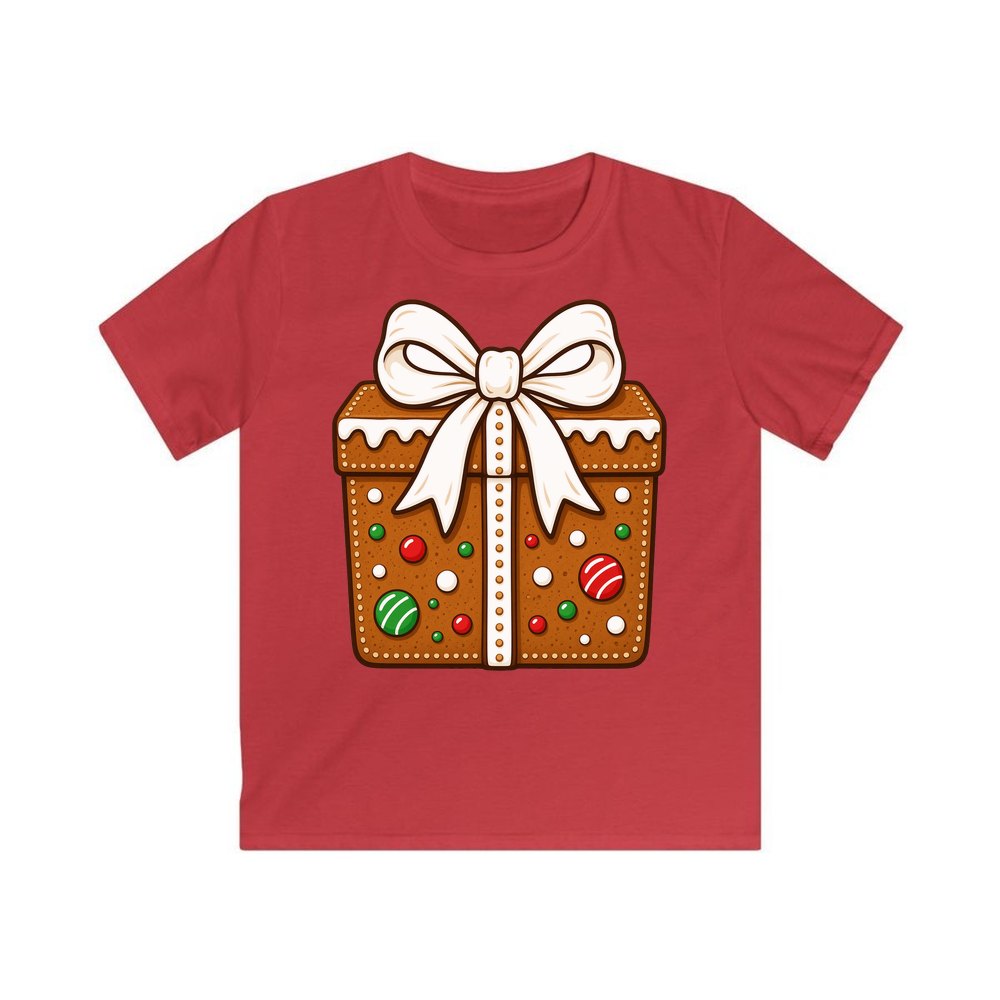 Gingerbread Gift Box Biscuit personalised kids Christmas tee in red