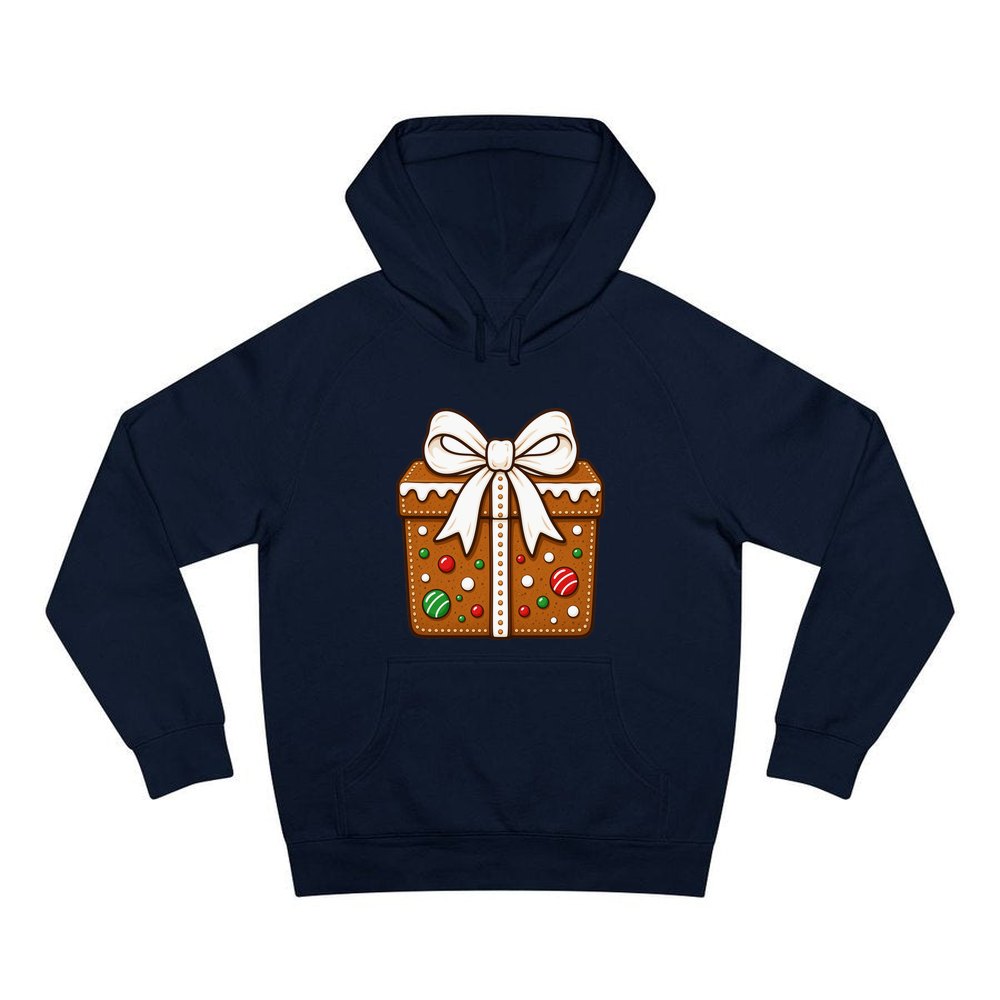 Gingerbread Gift Box Biscuit personalised Christmas hoodie in navy