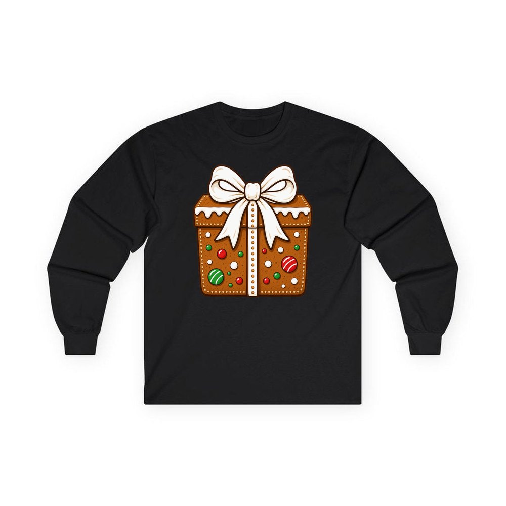 Gingerbread Gift Box Biscuit personalised long sleeve Christmas T-shirt in black