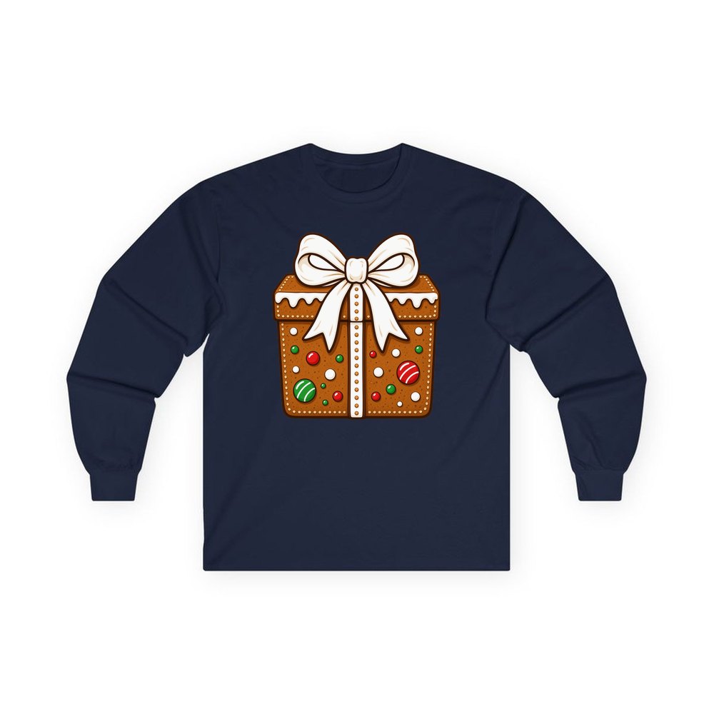 Gingerbread Gift Box Biscuit personalised long sleeve Christmas T-shirt in navy