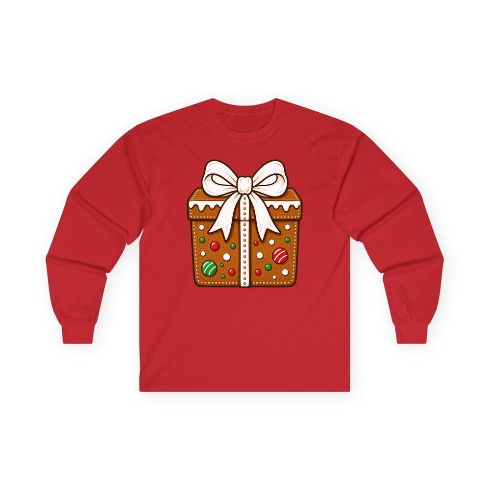 Gingerbread Gift Box Biscuit personalised long sleeve Christmas T-shirt in red
