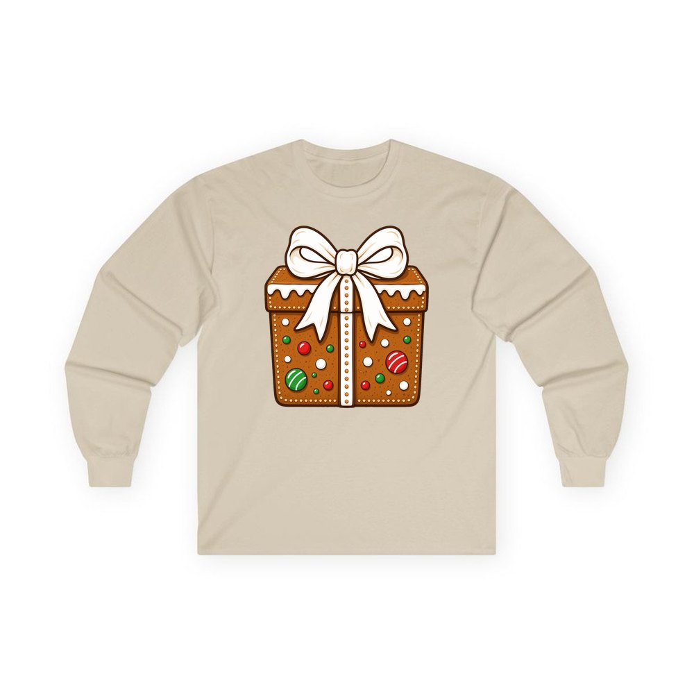 Gingerbread Gift Box Biscuit personalised long sleeve Christmas T-shirt in sand