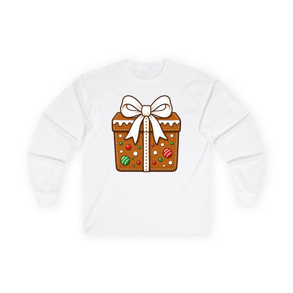 Gingerbread Gift Box Biscuit personalised long sleeve Christmas T-shirt in white