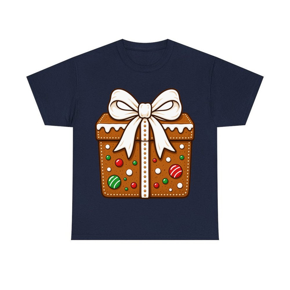 Gingerbread Gift Box Biscuit personalised Christmas T-shirt in navy