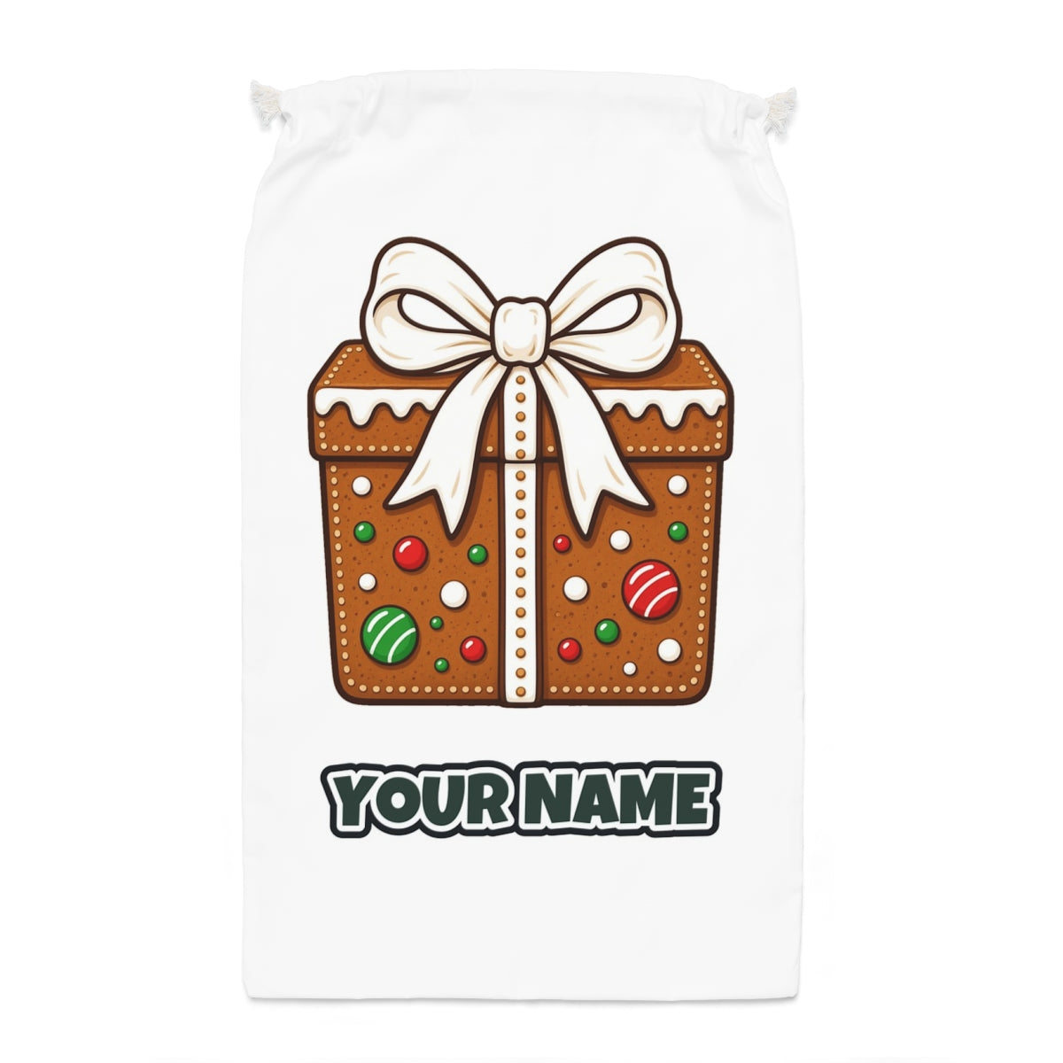 Gingerbread Gift Box Biscuit Santa sack laid flat, showing the full print