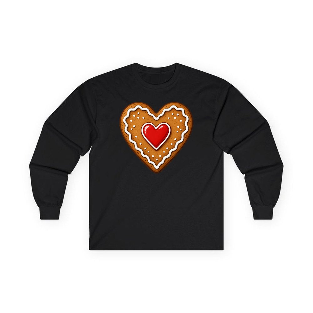 Gingerbread Heart Biscuit personalised long sleeve Christmas T-shirt in black