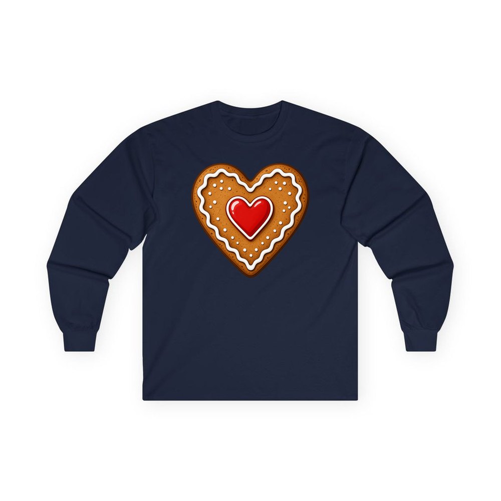 Gingerbread Heart Biscuit personalised long sleeve Christmas T-shirt in navy