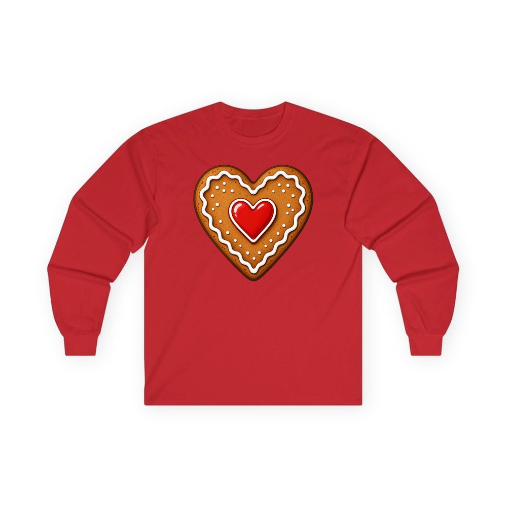 Gingerbread Heart Biscuit personalised long sleeve Christmas T-shirt in red